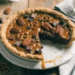 Freshly baked Texas Trash Pie recipe topped with pecans and chocolate chips