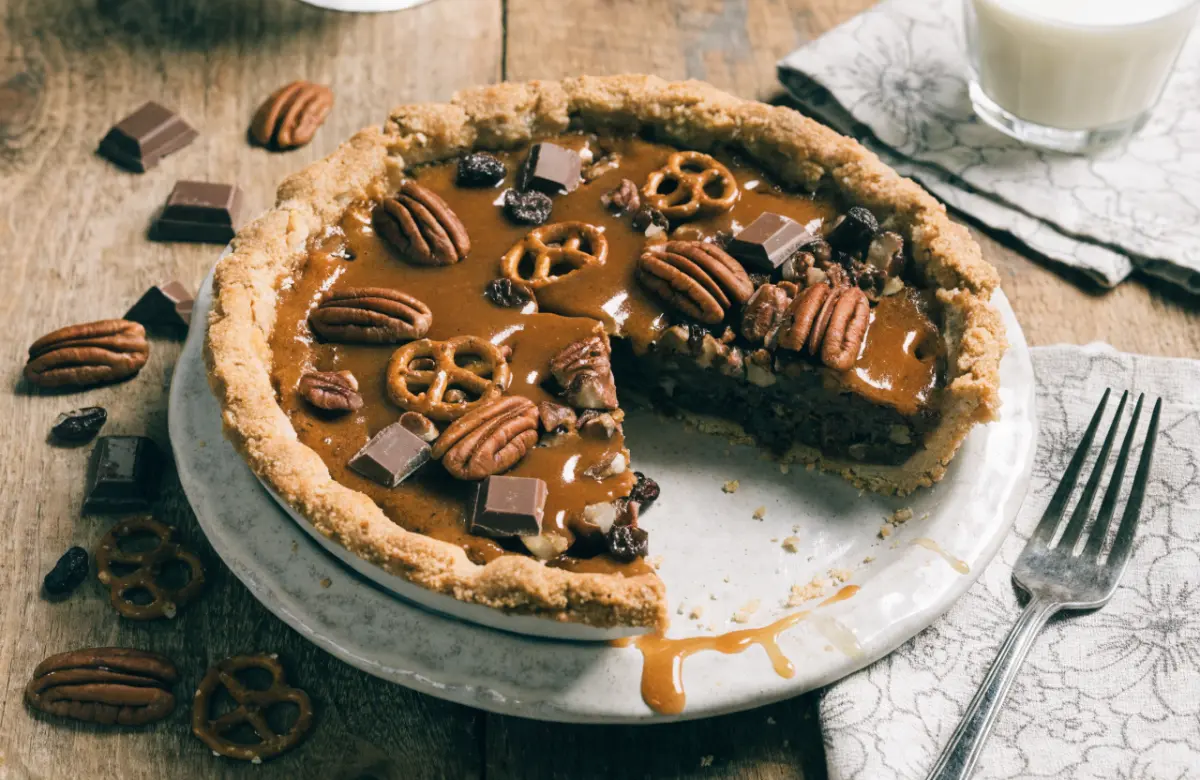 Freshly baked Texas Trash Pie recipe topped with pecans and chocolate chips
