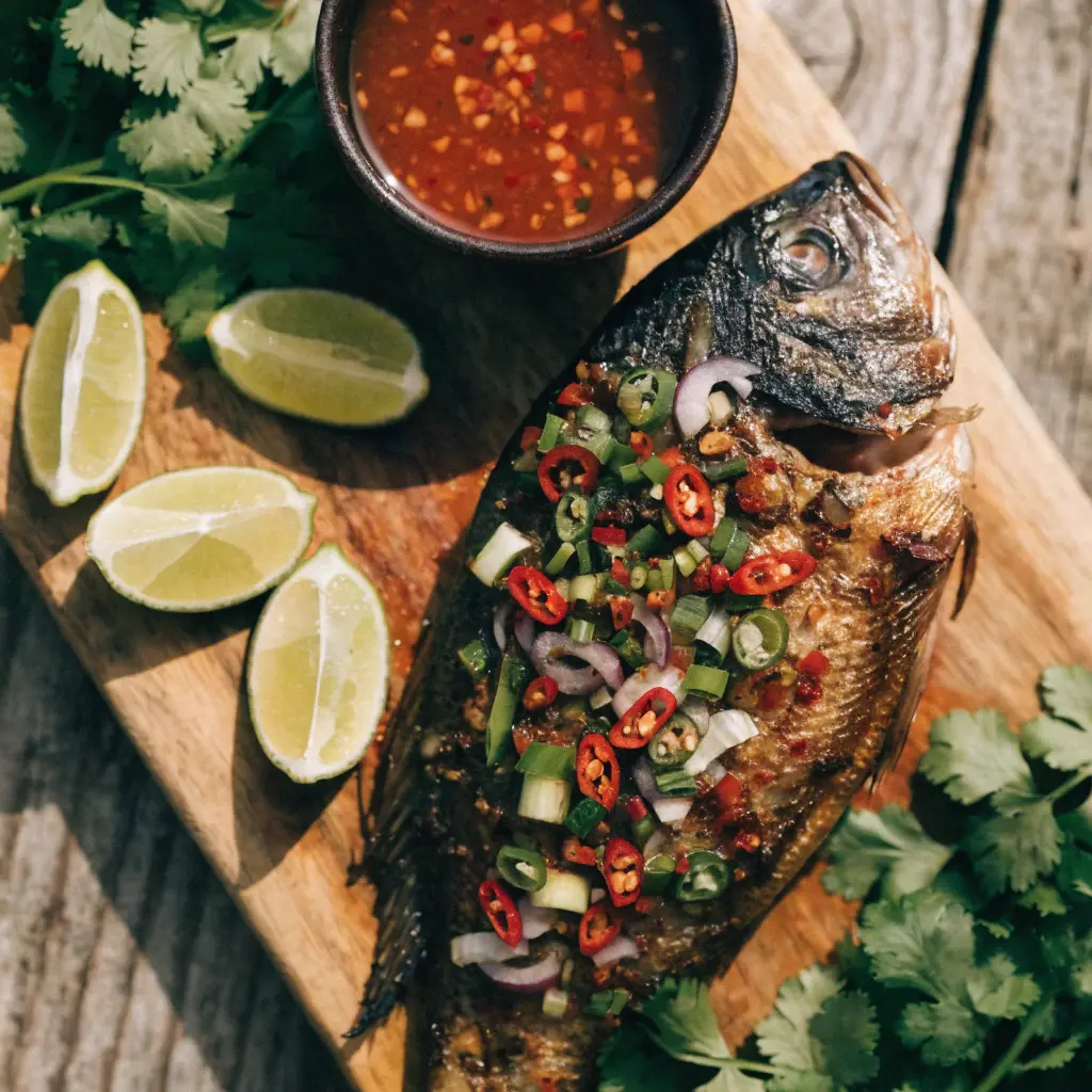 Thai-style whole baked fish with chili lime and herbs