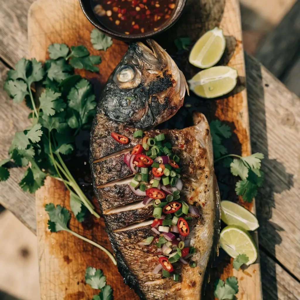 Thai-style whole baked fish with chili lime and herbs