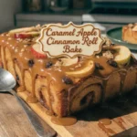 Caramel Apple Cinnamon Roll Bake served warm with caramel drizzle