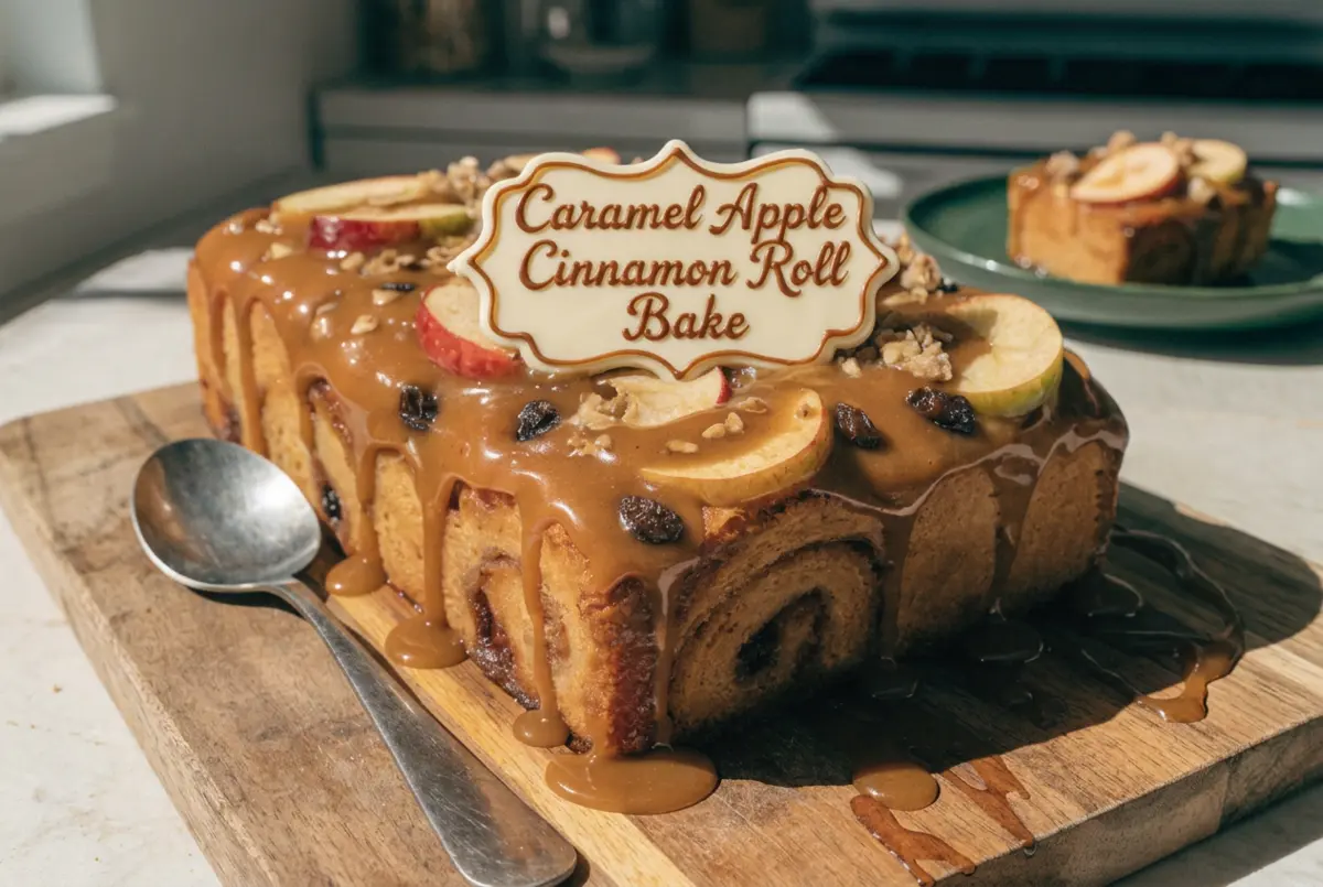 Caramel Apple Cinnamon Roll Bake served warm with caramel drizzle