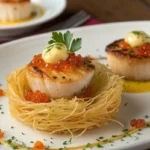 Seared Scallops in Crispy Kataifi Nests with Citrus Butter & Caviar