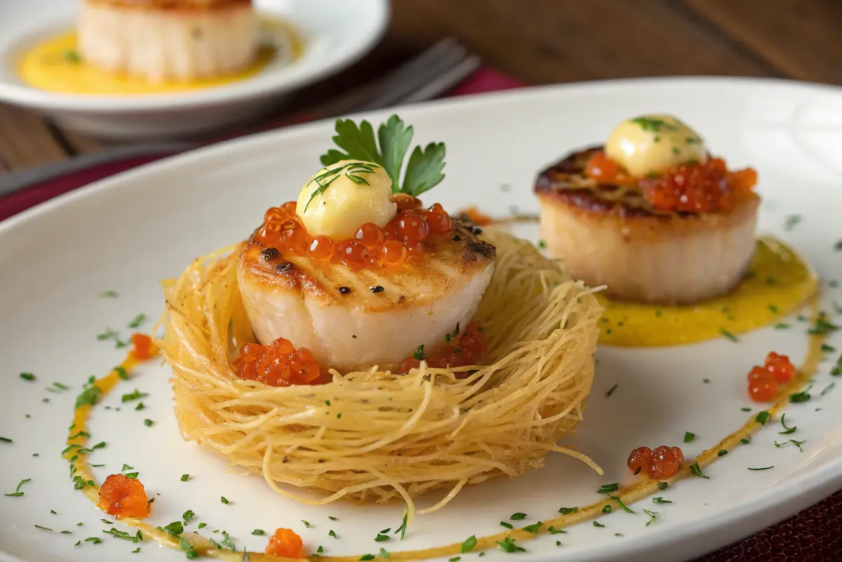 Seared Scallops in Crispy Kataifi Nests with Citrus Butter & Caviar