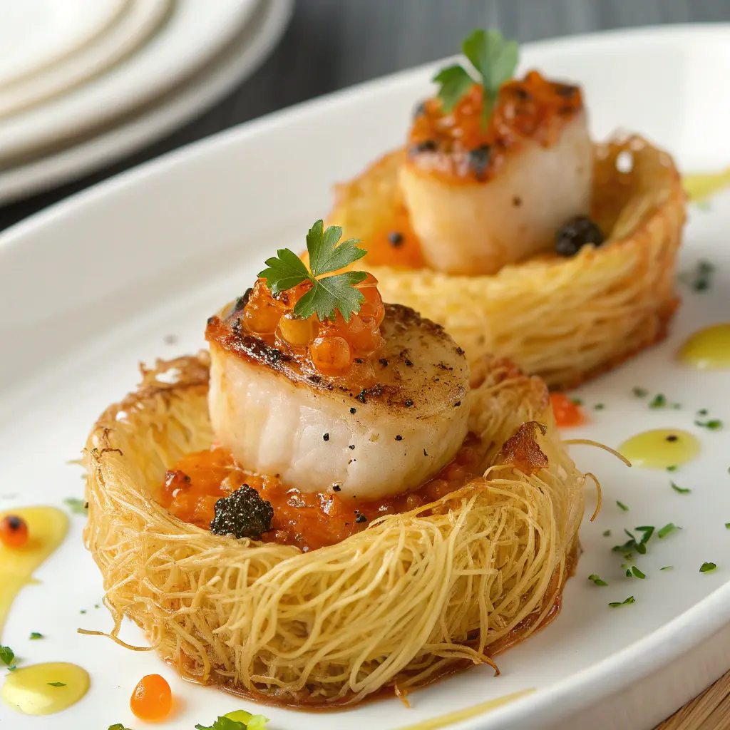 Seared Scallops in Crispy Kataifi Nests with Citrus Butter & Caviar