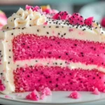 Pink dragon fruit layer cake recipe with creamy frosting and fresh fruit