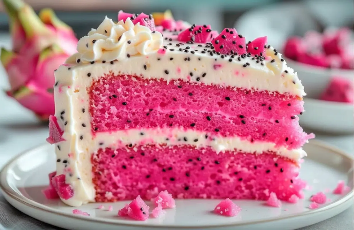 Pink dragon fruit layer cake recipe with creamy frosting and fresh fruit