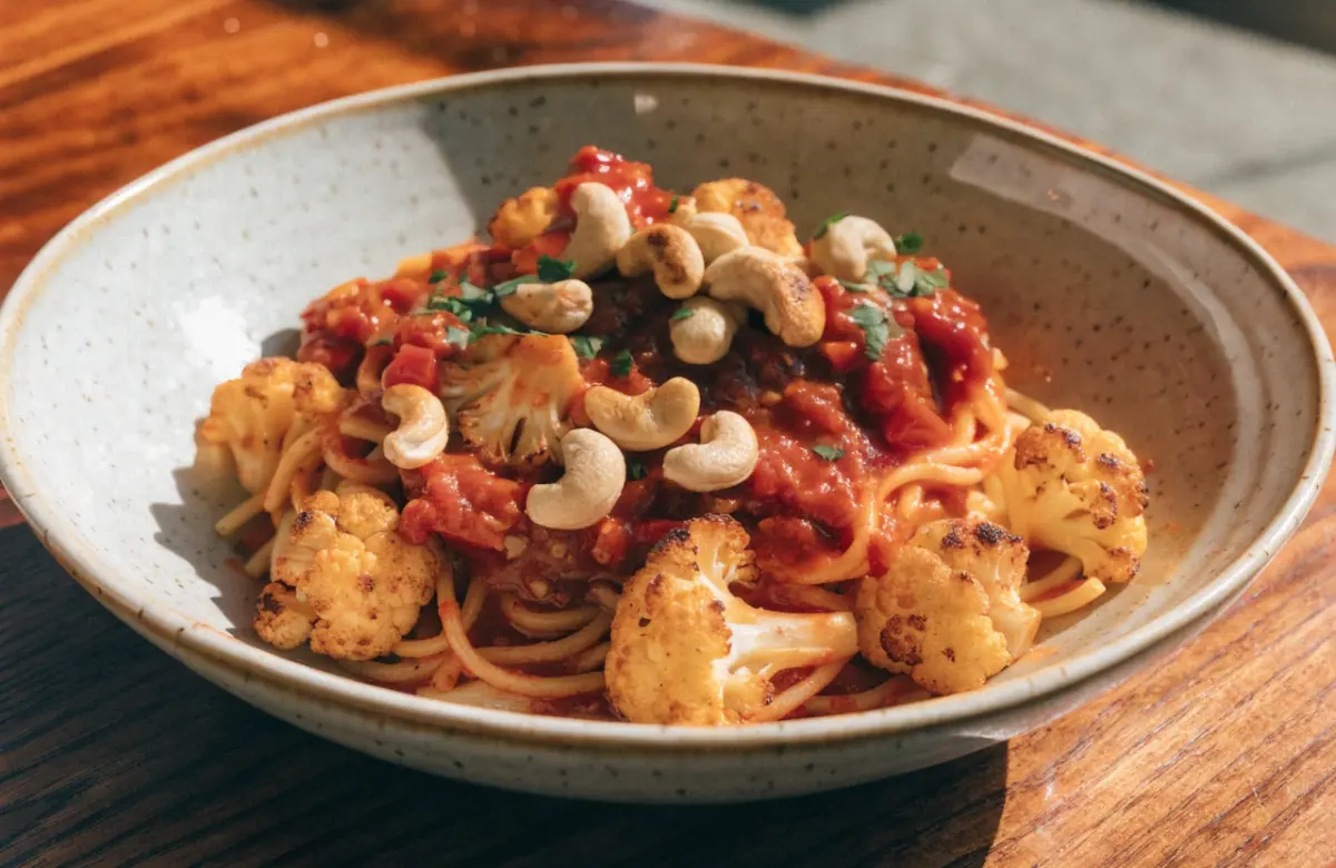 Red Pepper Cashew Pasta with Roasted Cauliflower