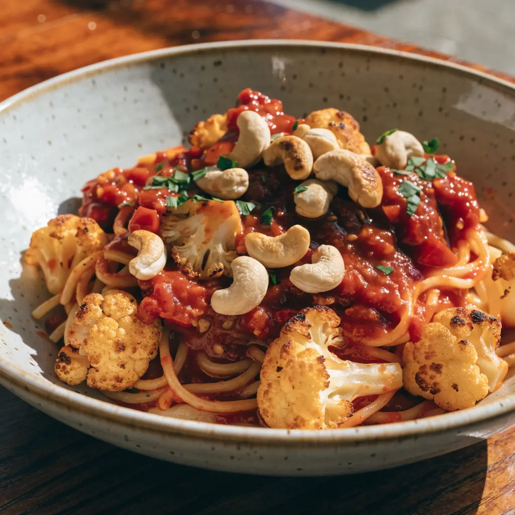 Red Pepper Cashew Pasta with Roasted Cauliflower