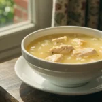 Healing chicken and rice soup with chicken, rice, vegetables, and herbs