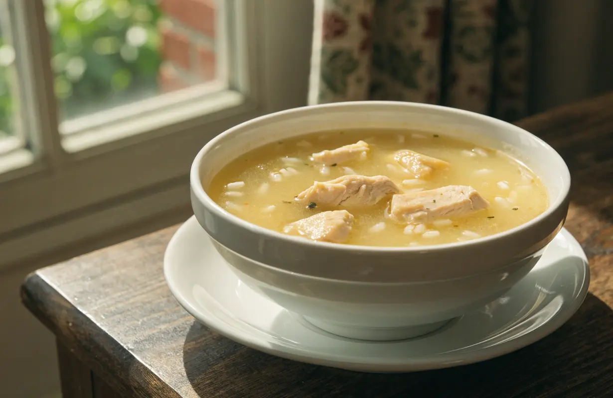 Healing chicken and rice soup with chicken, rice, vegetables, and herbs