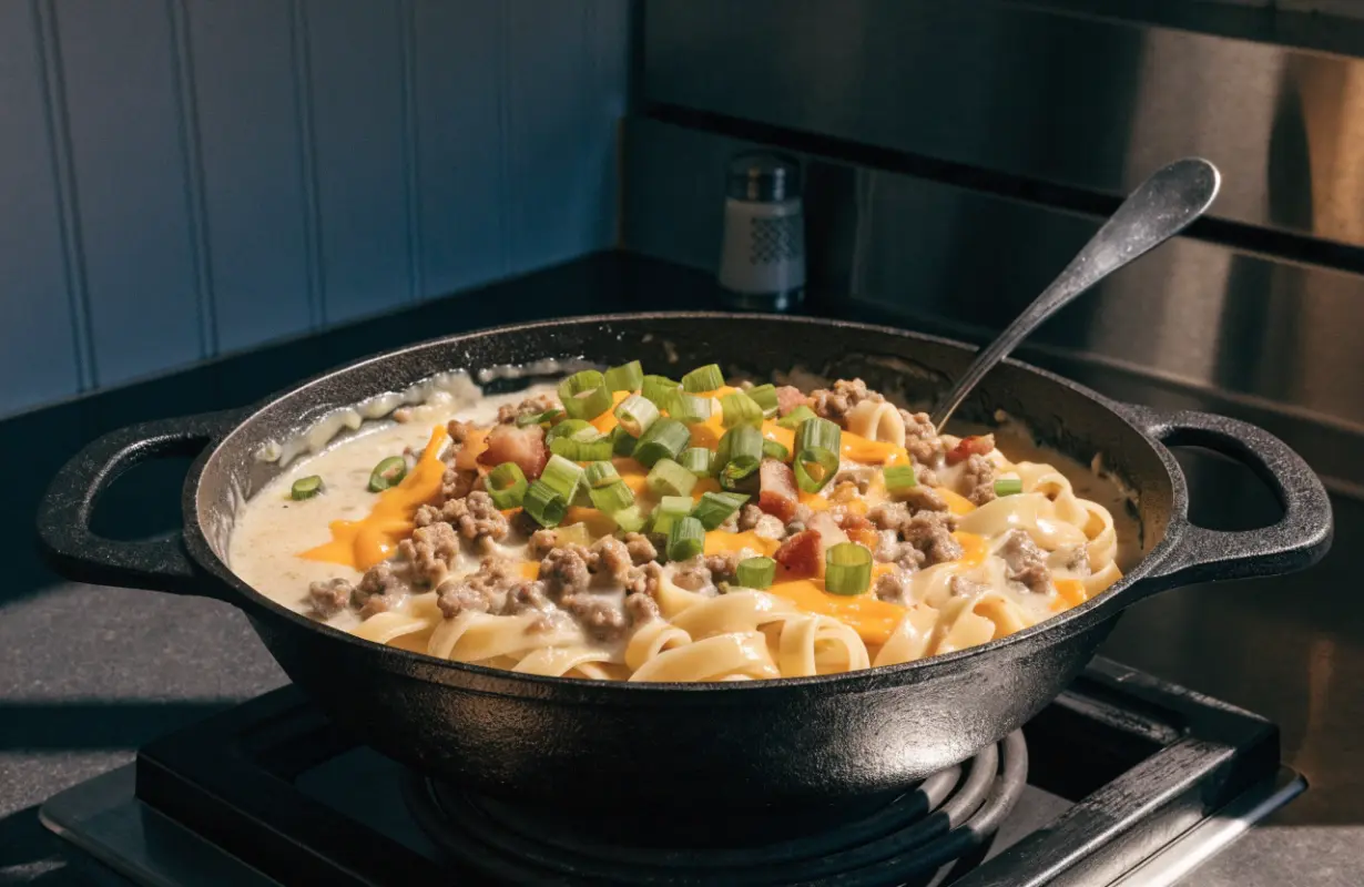 One-pot cheeseburger pasta Recipe with beef and cheddar
