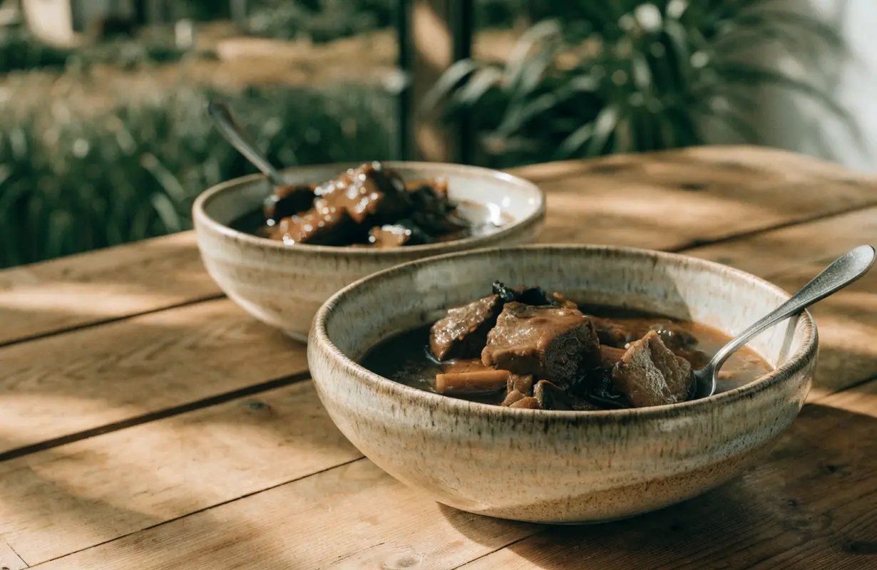 Classic slow-braised beef stew with tender beef, carrots, potatoes, and rich gravy