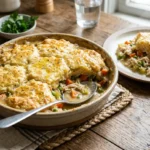 Chicken Cobbler Recipe with creamy chicken filling and golden cheddar biscuits