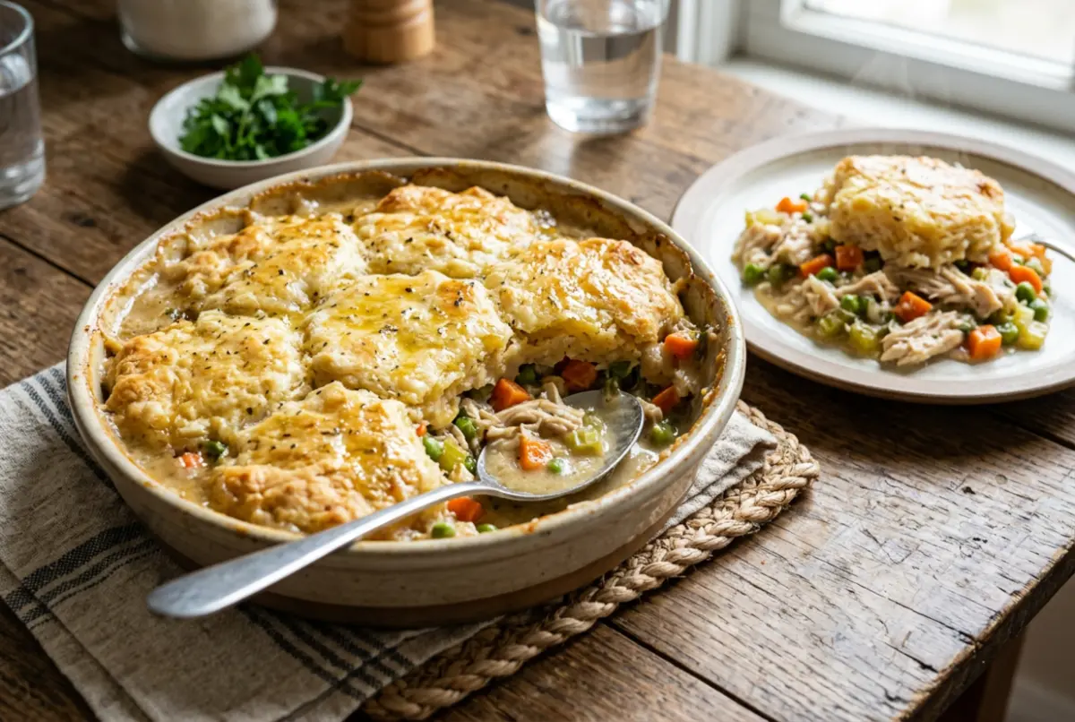 Chicken Cobbler Recipe with creamy chicken filling and golden cheddar biscuits