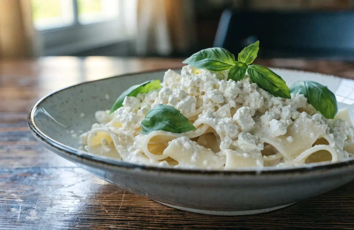 Cottage cheese basil pasta with fresh basil and Parmesan