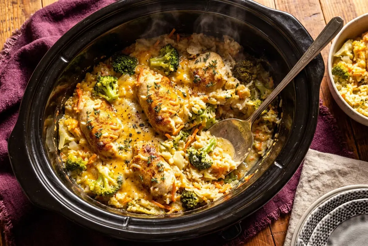 Crockpot Creamy Broccoli Cheddar Chicken Rice with melted cheese