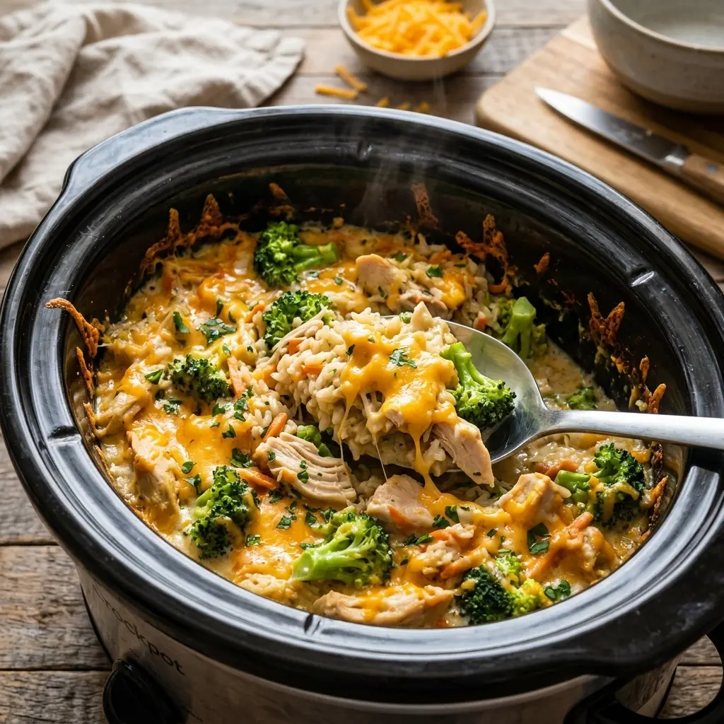 Crockpot Creamy Broccoli Cheddar Chicken Rice
