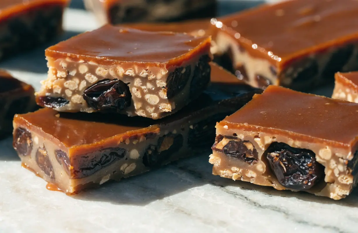 Date-Caramel Candy Bars Recipe with rich chocolate coating and chewy filling