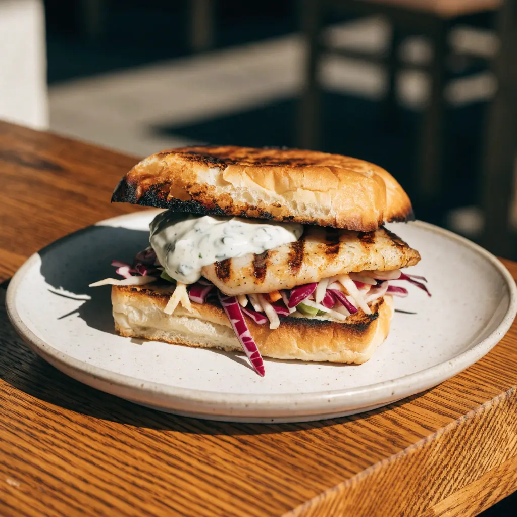 Grilled Fish Sandwich with Slaw & Tzatziki
