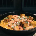 Shrimp Street Corn Skillet Recipe with charred corn, cotija cheese, and lime