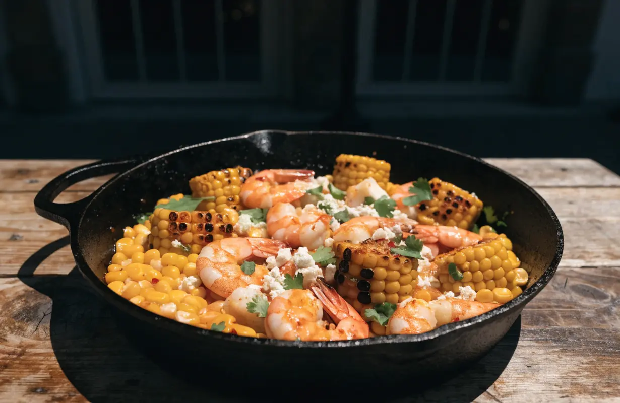 Shrimp Street Corn Skillet Recipe with charred corn, cotija cheese, and lime