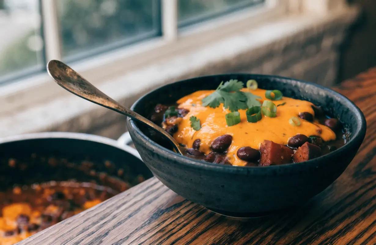 Spicy queso black bean sweet potato chili topped with melted cheese and fresh cilantro