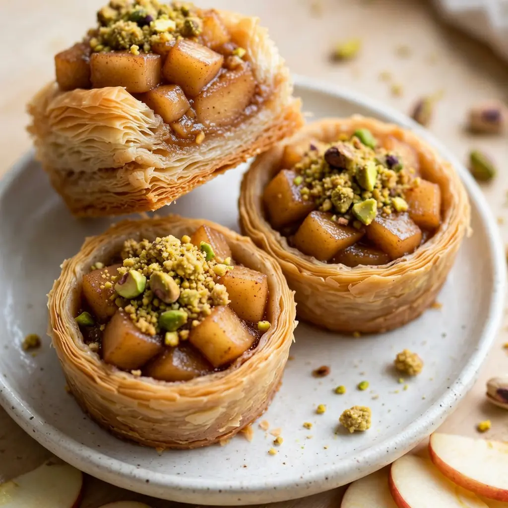 Cardamom-spiced apples topped with golden buttery pistachio crumble.