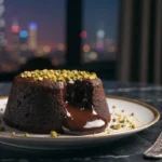 Dubai chocolate pistachio lava cake with a gooey pistachio center and chocolate exterior