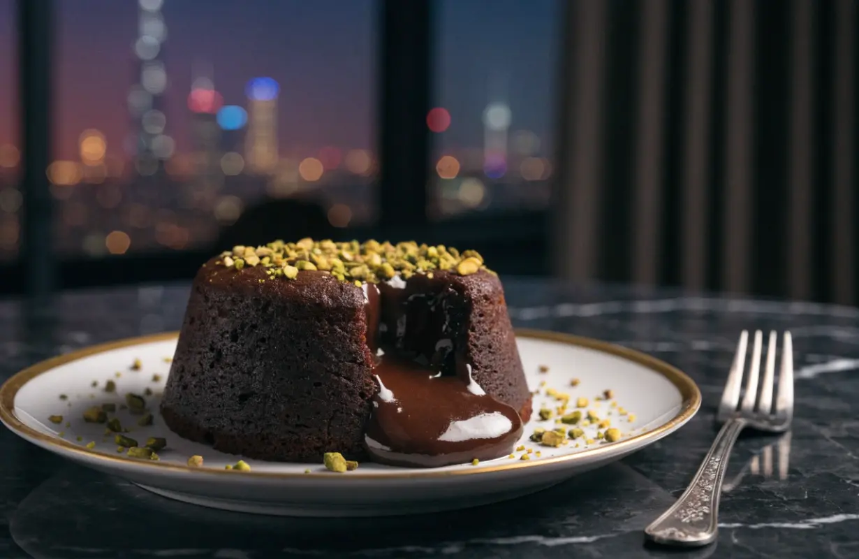 Dubai chocolate pistachio lava cake with a gooey pistachio center and chocolate exterior