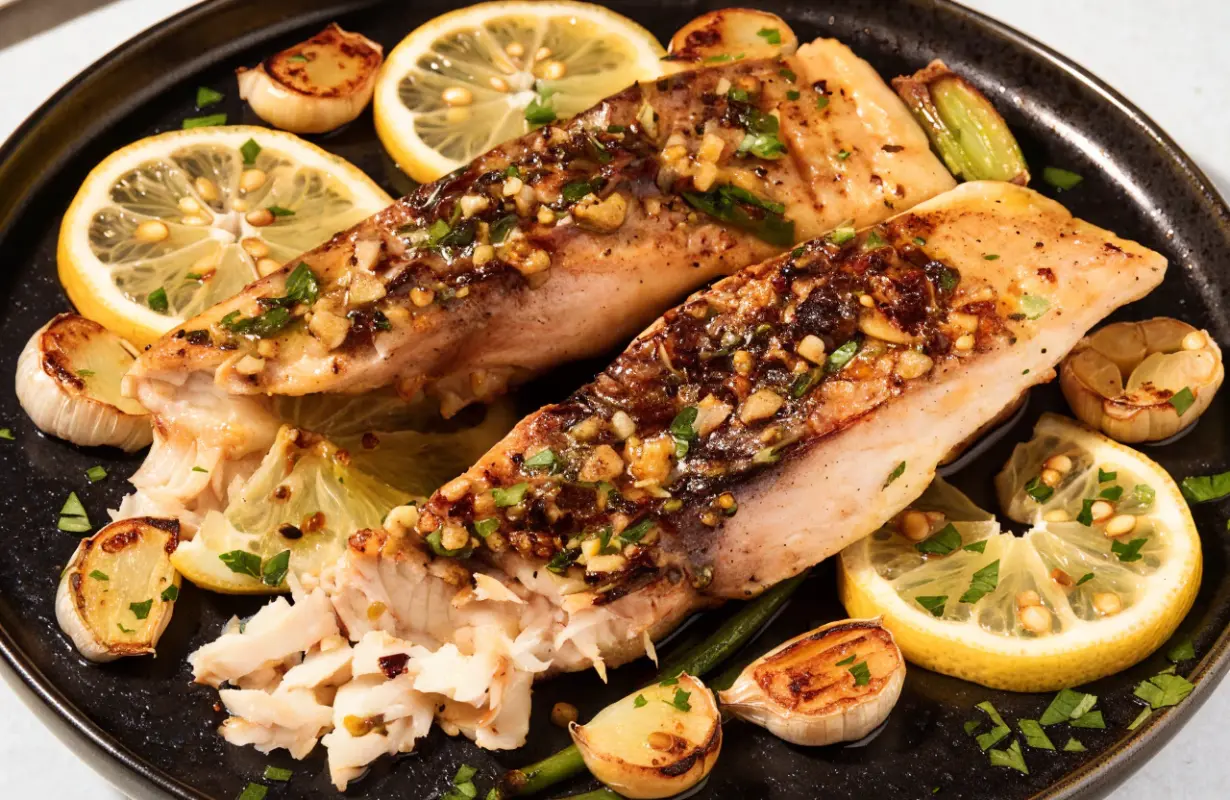 Garlicky Lemon Mahi-Mahi Recipe with buttery garlic sauce and fresh parsley