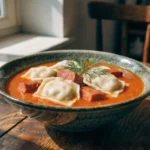 Kielbasa pierogi soup with smoked sausage and tender potato dumplings