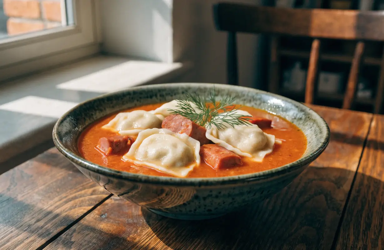 Kielbasa pierogi soup with smoked sausage and tender potato dumplings