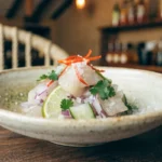 Traditional Peruvian ceviche recipe with fresh fish, lime, red onion, cilantro, sweet potato, and corn